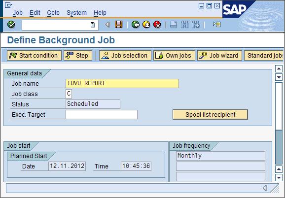 Figure 91. Define Background Job window containing the sample job name, the job class, and the sample schedule 6. Click the Step icon. 7. In the Create Step 1 window, continue as follows: a.