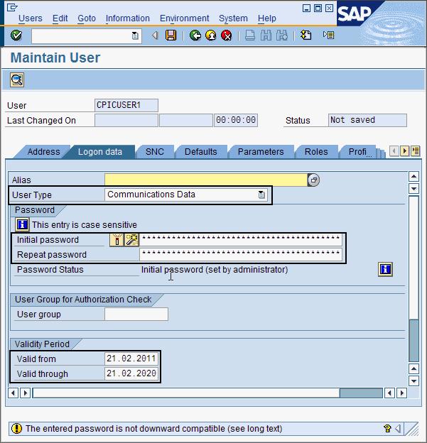 Figure 3. Logon data page of the Maintain User window containing the necessary settings 6.