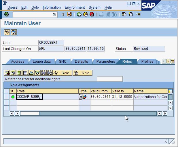 Figure 12 shows the Roles page of the Maintain User window containing the specified role. Figure 12. Roles page of the Maintain User window showing the specified role after you press Enter 6.