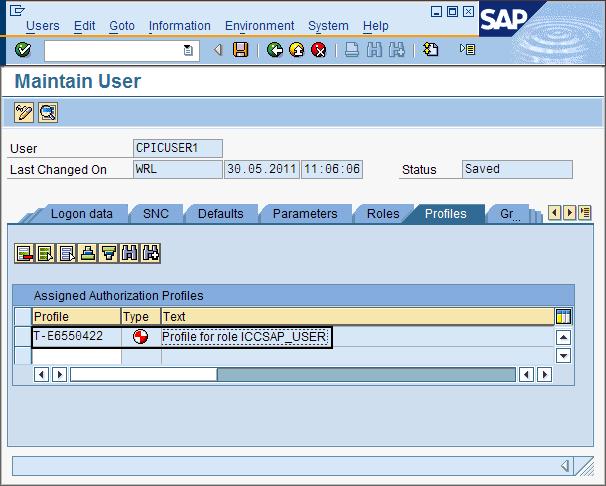 Figure 13. Profiles page of the Maintain User window showing the name and the description of the sample role 7. Click the Save icon to save your settings.