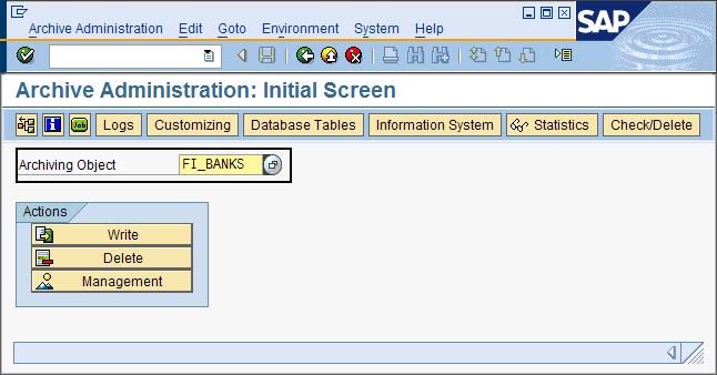 2. In the Object Name field, specify: FI_BANKS Figure 26 shows the Archive Administration: Initial Screen containing the sample archiving object name. Figure 26. Archive Administration: Initial Screen window containing the name of the sample archiving object FI_BANKS 3.