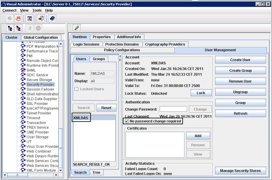 Figure 46. Visual Administrator window showing how to specify No password change required for sample user XMLDAS 7. Add the user to the necessary security concept: a.