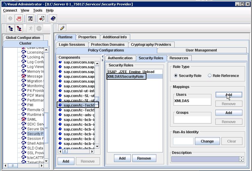Figure 47. Visual Administrator window showing how to add sample user XMLDAS to the specified security role What to do next: 6.2.