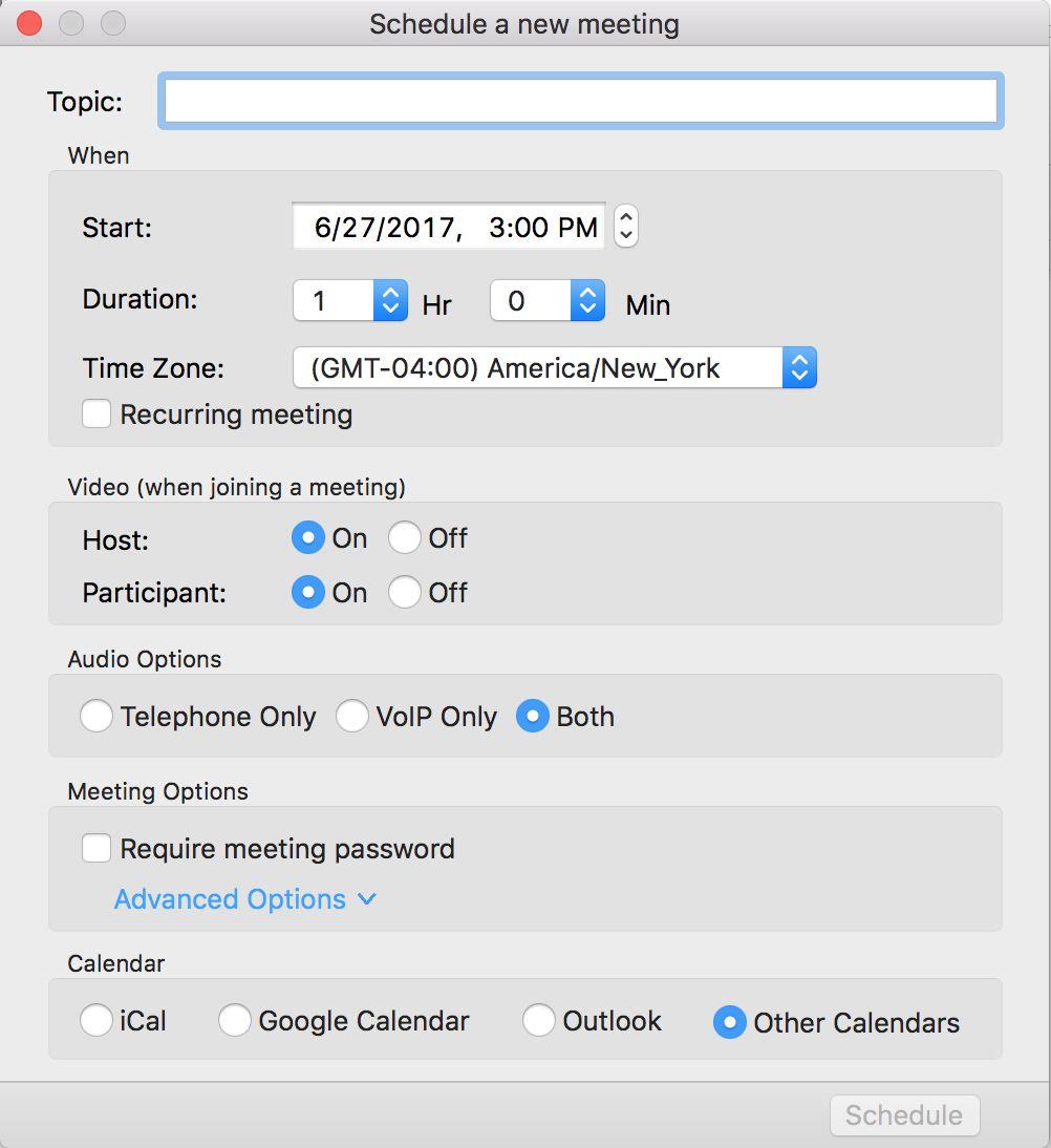 ) - If the meeting is a one time event, enter the date and the time in the appropriate drop-down menus.
