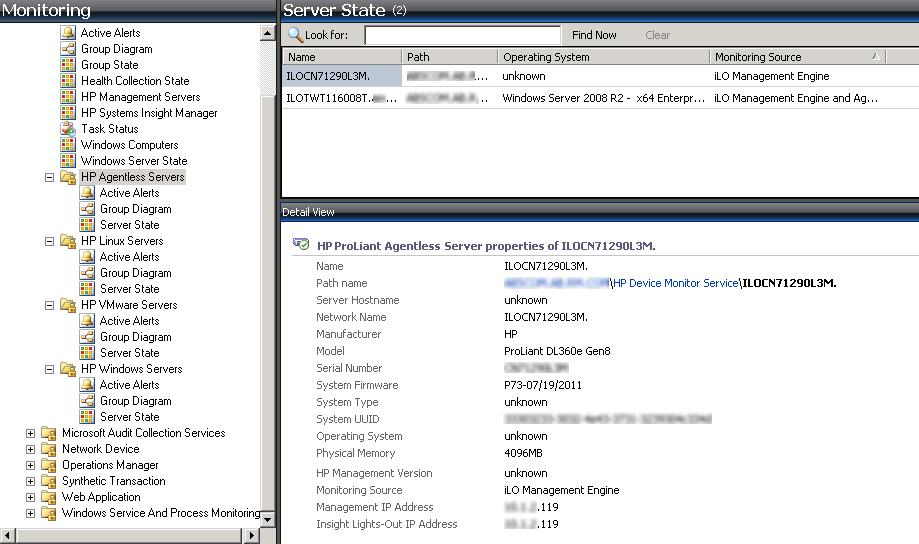 Figure 5 Server State view for an HP Agentless Server using ilo Management Engine that does not have AMS Group Diagram view The Group Diagram view in the HP Systems folder provides a graphical