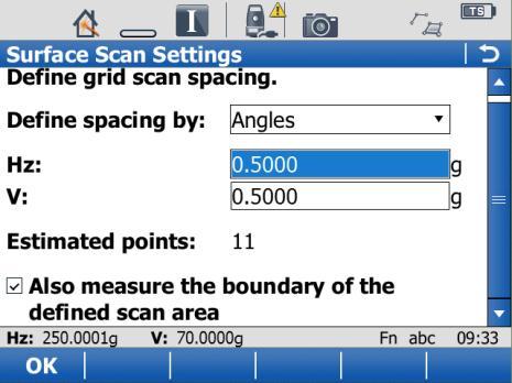 Grid Scan Settings Grid scan on surface Resolution Point increment Grid scan mode Angles defined