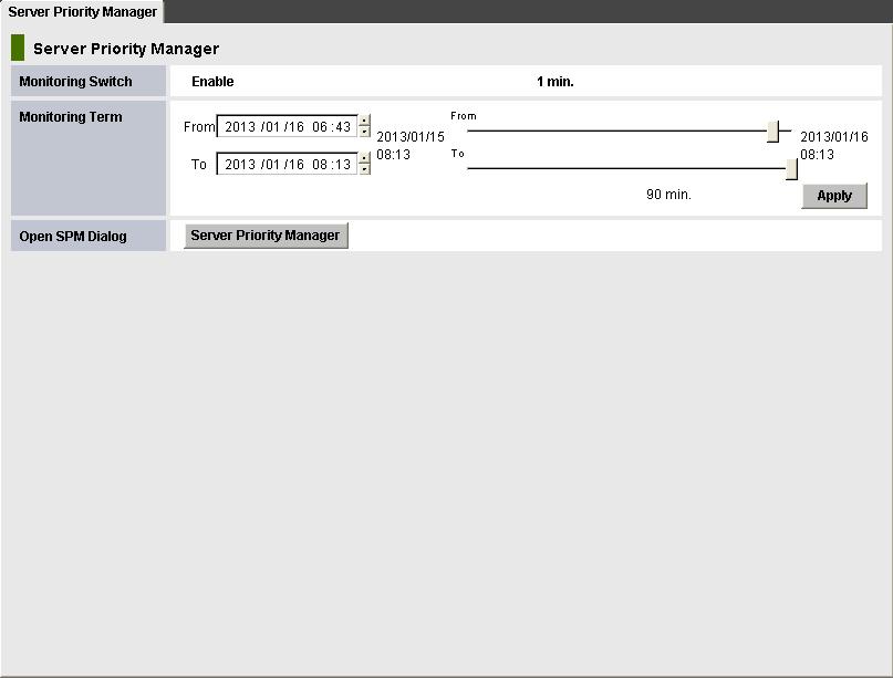 Server Priority Manager window The Server Priority Manager window displays the status of performance monitoring, allows you to set the monitoring term, and provides access to the Server Priority