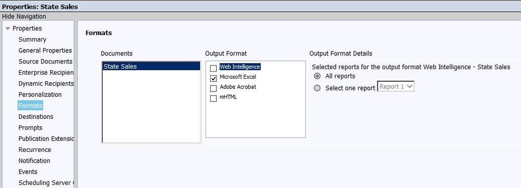 9. In Destinations, select BI Inbox and check the Deliver objects to each user option. 10.