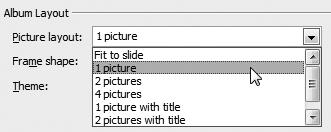 Chapter 14 8. In the Album Layout area of the dialog box (Figure 14.34), select a layout from the Picture layout drop-down list.