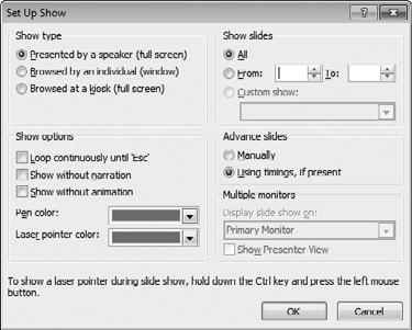 Microsoft PowerPoint: Wrapping Up a Presentation Delivering the Presentation Figure 15.39 Before presenting the show, make sure these settings are correct.