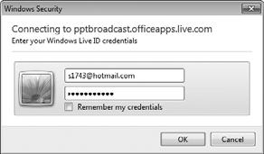 43 Enter your Windows Live or Hotmail sign-in information and click OK. 6. Office connects to the PowerPoint Broadcast Service and prepares the show for broadcast.