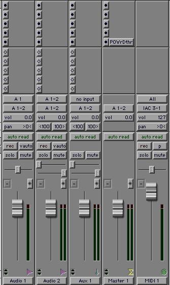 Audio, Auxiliary Input, Master Fader, and MIDI tracks appear as vertical channel strips in the Mix window.