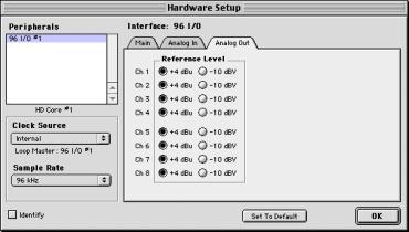 To configure output levels for the 96 I/O or the 192 I/O: 1 In Pro Tools, choose Setups > Hardware. 2 If using multiple audio interfaces, select the desired interface in the Peripherals list.