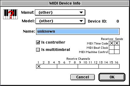 2 In the MIDI Device Info dialog, select the Manufacture and Model for the device from the pop-up menus. If the device is not listed, leave the Model set to other and enter a name for the device.