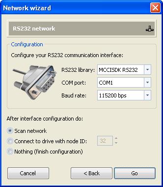 In the RS232 dialog you need to select: RS232 library: Only MCCISDK RS232 option is allowed. COM port: Selects the serial communication port to which the drive is connected.