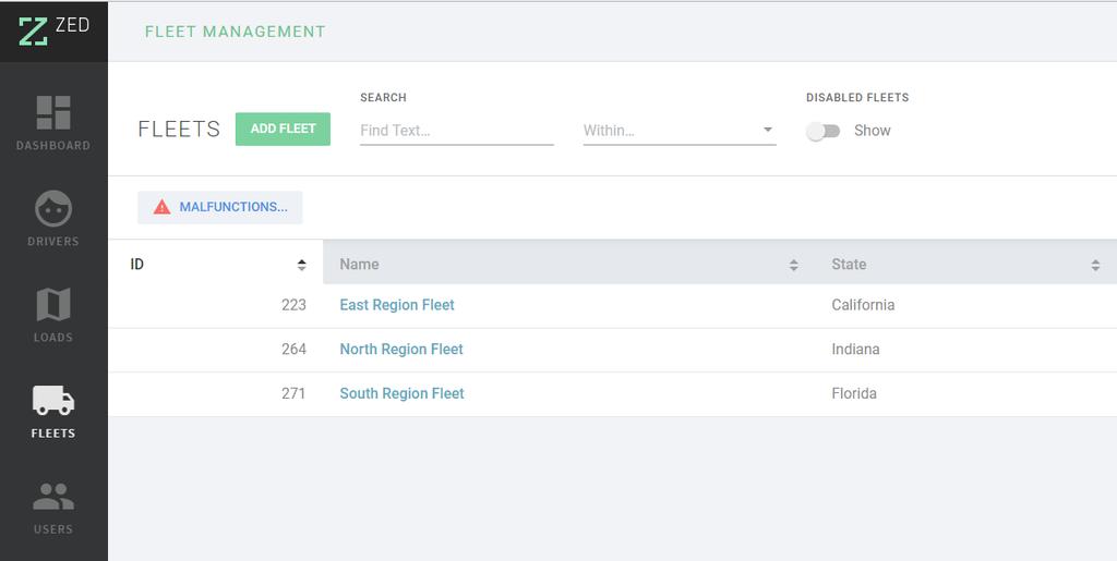 Malfunctions Company Managers and Fleet Managers can view the malfunctions from the Fleets Menu.