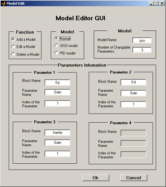 Figure 7 Model Editor GUI If the Edit a Model function button is selected, the GUI then enables the model name edit text in the Model frame for users to enter the model name of an existing model in