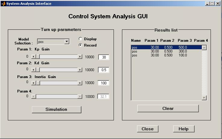 Figure 8 Control Analysis GUI modeldata.mat, as well as in the Simulink model as the final analysis results. If the Display button is selected, the GUI enables the Simulation button.
