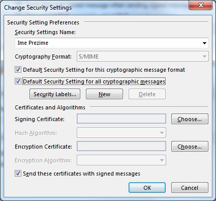 Figure 4 The Certificates and Algorithms part enables you to choose the certificate which will be used for signing or encrypting your electronic messages