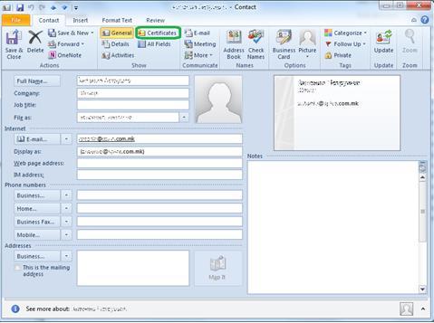 Create a new contact in Outlook or open an existing one from the address book. A new windows appears, as shown on Figure 11.