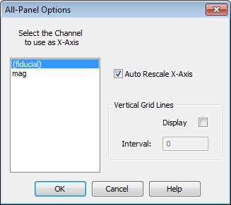 To Select X Axis Channel 1. On the Profile window, right-click. 2. Select X Axis Options from the popup menu.the All-Panel Options dialog appears. 3. Select the X-Axis to use in the profile window. 4.