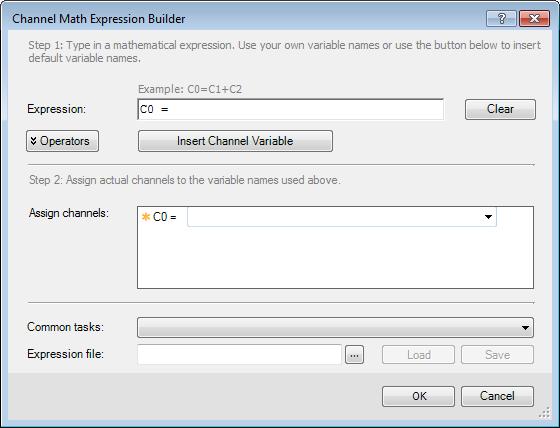 To Access the Channel Math Expression Builder 1. On the Database Tools menu, select Channel Math. The Channel Math Expression Builder dialog appears. 2.