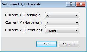 Typically, you will use only X and Y, but you can also assign a Z. The Z is used in Drillhole databases, where DH_ EAST = X, DH_NORTH = Y and DH_RL = Z. To Set Current X and Y Channels 1.