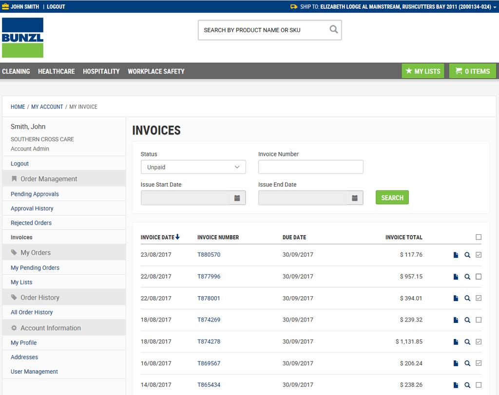 2. Select the Invoices to be paid, by ticking the against each Unpaid Invoice line.