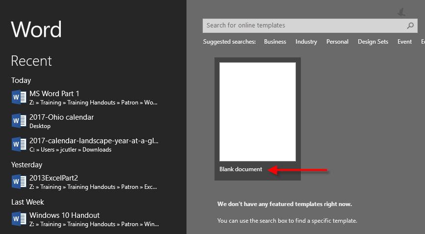 The Word 2016 Window When Word is started, the Word Start Screen appears. From here, if you click on Blank document you'll be able to create a new document.