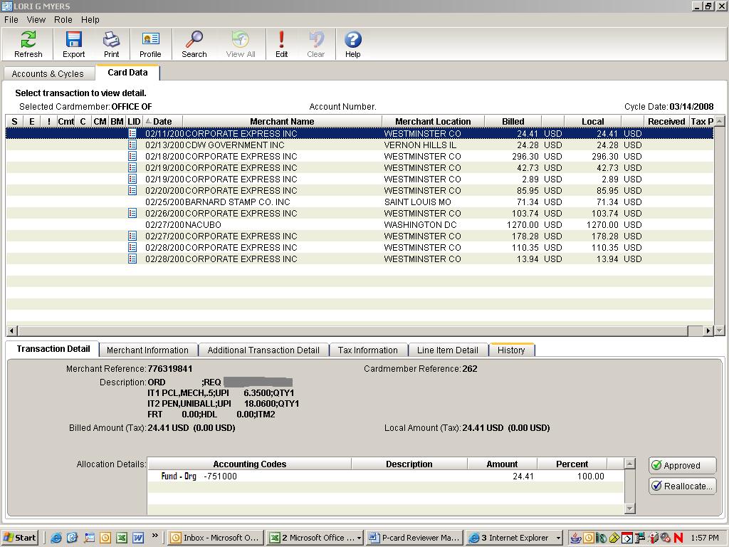 2. The Card Data Screen click the Card Data tab to see transaction detail Figure E Column Header definitions (data may be sorted by clicking on column headers) o S = Status of transaction (green