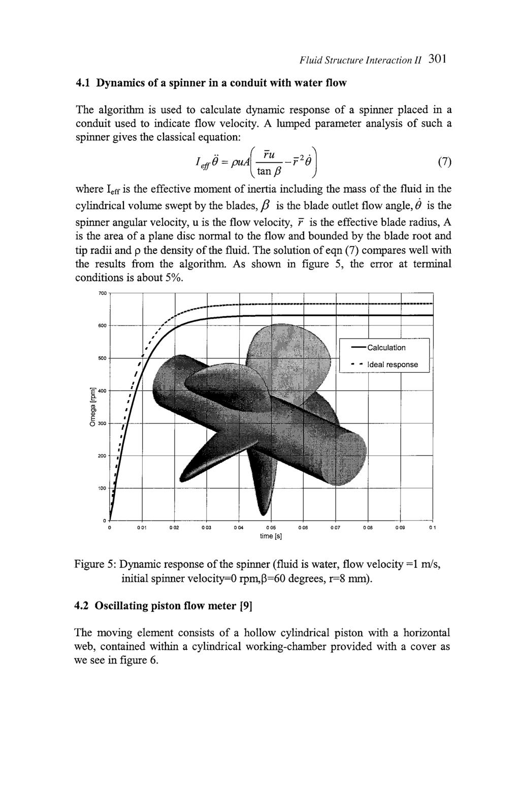 4.1 Dynamics of a spinner in a conduit with water flow Fluid Structure Interaction I1 301 The algorithm is used to calculate dynamic response of a spinner placed in a conduit used to indicate flow