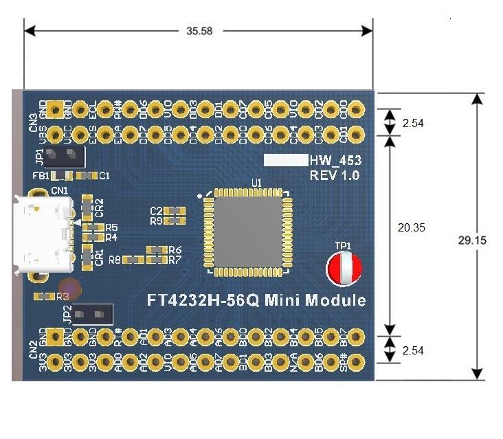 4 Mechanical details The mechanical details of the FT4232H-56Q Mini Module are shown in Figure 4.1: Figure 4.1 FT4232H-56Q Mini Module Dimensions All dimensions are in millimetres.