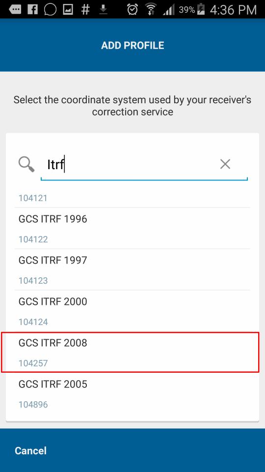 Note: The default coordinate system for the receiver is set to WGS 1984. Click on the + button to add a new profile.