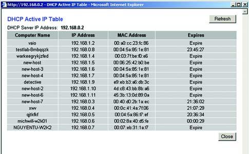 Local Network The Local Network information that is displayed is the IP Address, Subnet Mask, DHCP Server, and DHCP Client Lease Info. To view the DHCP Clients Table, click the DHCP Clients button.