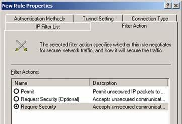 Click the Filter Action tab (as in Figure C-11), and click the filter action Require Security radio button.