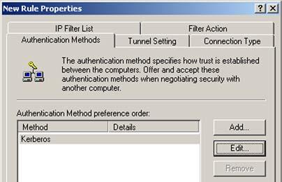 Click the Authentication Methods tab, and verify that the authentication method Kerberos is selected, as