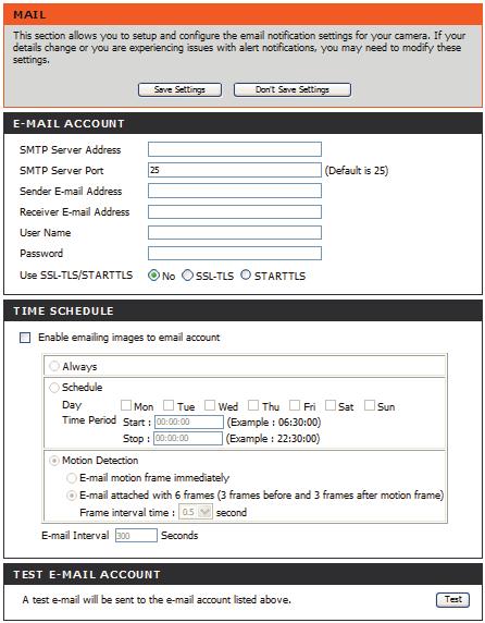 Section 3 - Configuration Setup > Mail Email Account This section allows you to configure the email notification settings for your camera.