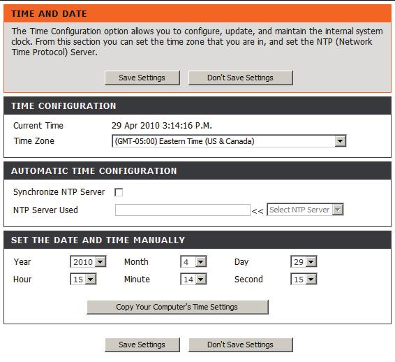 Section 3 - Configuration Setup > Time and Date This section allows you to configure the settings of the internal system clocks for your camera.