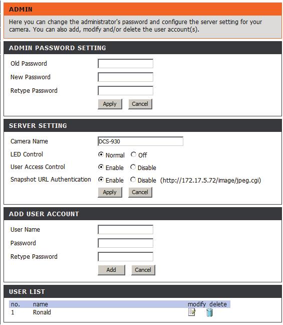 Section 3 - Configuration This section allows you to change the administrator s password and configure the server settings for your camera.