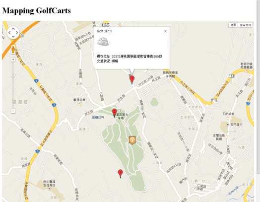 maps API v3 command to design the display map, golf carts and marked position. The path of a moving golf cart is stored into active-list in data-store. After executing GolfCartMap.