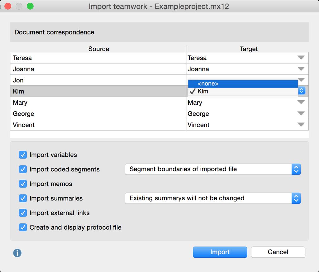 Options when importing teamwork for an entire project Merging Two MAXQDA Projects Another teamwork feature in MAXQDA is the option to merge two projects.
