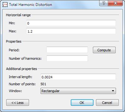 The signal operators Total Harmonic Distortion now has the possibility to compute the period length by clicking the button Compute, and Number of harmonics can be entered.