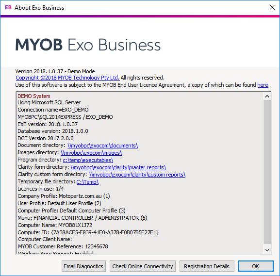 Updates to the About Window New Features The About Exo Business window now displays the Document directory and Images directory (as set by the profile settings Folder location for documents and
