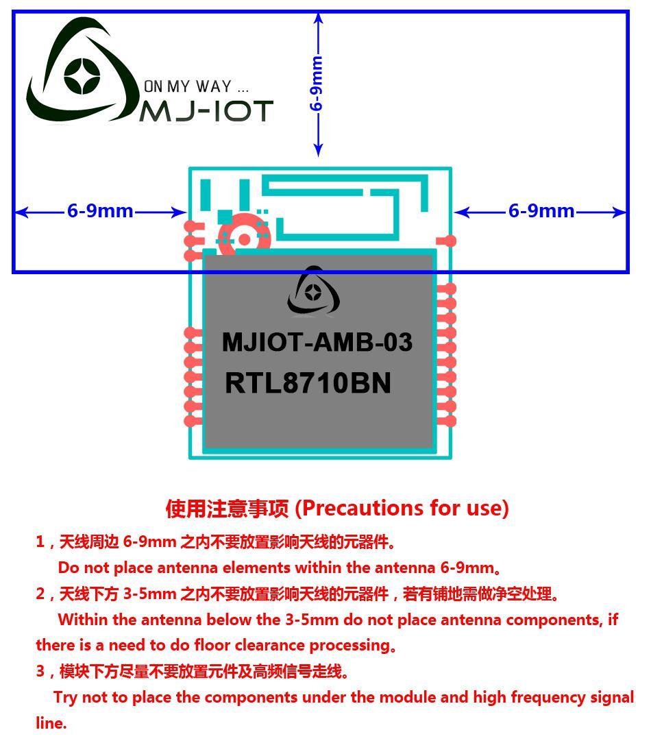 7. Module installation notes MJIOT-AMB-03using the onboard PCB antenna module is required for the surrounding environment.