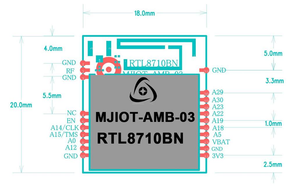Figure 4 MJIOT-AMB-03 Module size diagram 3. Performance description 3.1. MCU Realtek RTL8710BN is a low-power single chip. It integrates a ARM Cortex M3 MCU, 802.