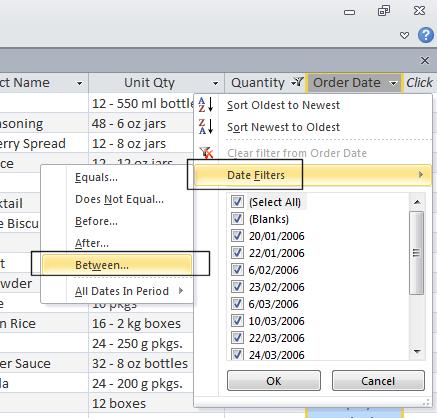 Access 2010 Foundation Page 118 When the filter dialog box is displayed, select the Date Filters command and from