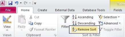 To remove a sort, click on the Remove Sort button in the Sort & Filter group.