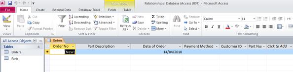 Start Access and open a database called Relationships from your Access 2010 Foundation folder. You will notice the Orders and Parts tables in the navigation pane.