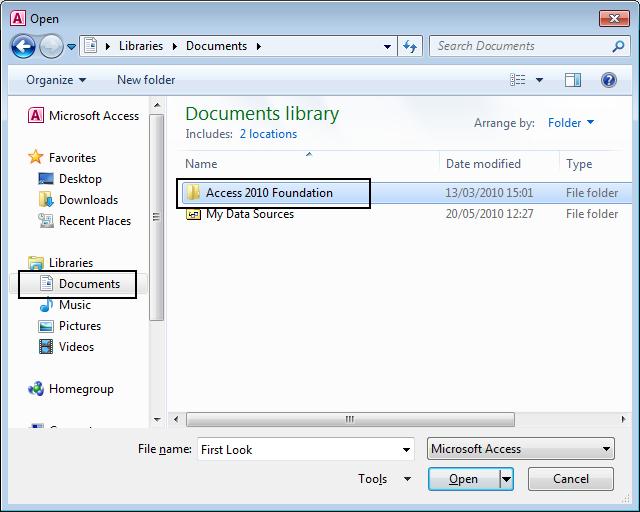Access 2010 Foundation Page 14 If necessary select the Documents folder within the left section and within the