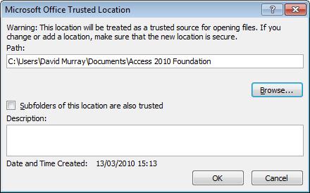 Click on the OK button and the Access 2010 Foundation folder